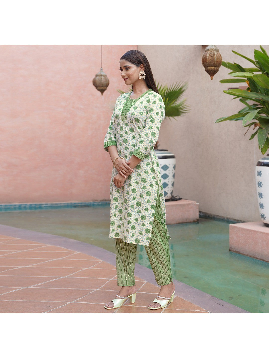 White & Green Floral Printed Pure Cotton Suit - Image 2