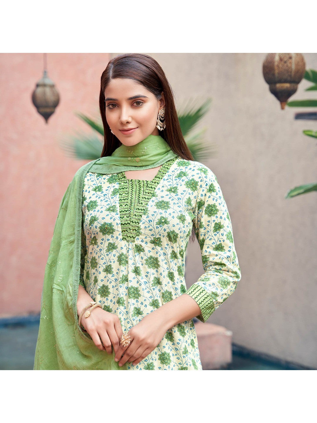 White & Green Floral Printed Pure Cotton Suit - Image 1