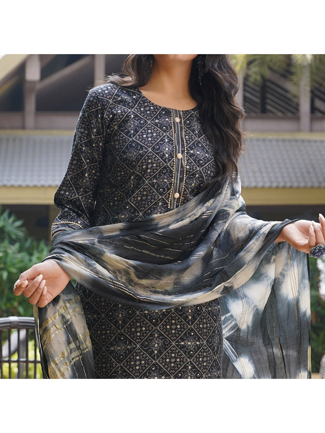 Black Foil Printed Rayon Suit - Image 6