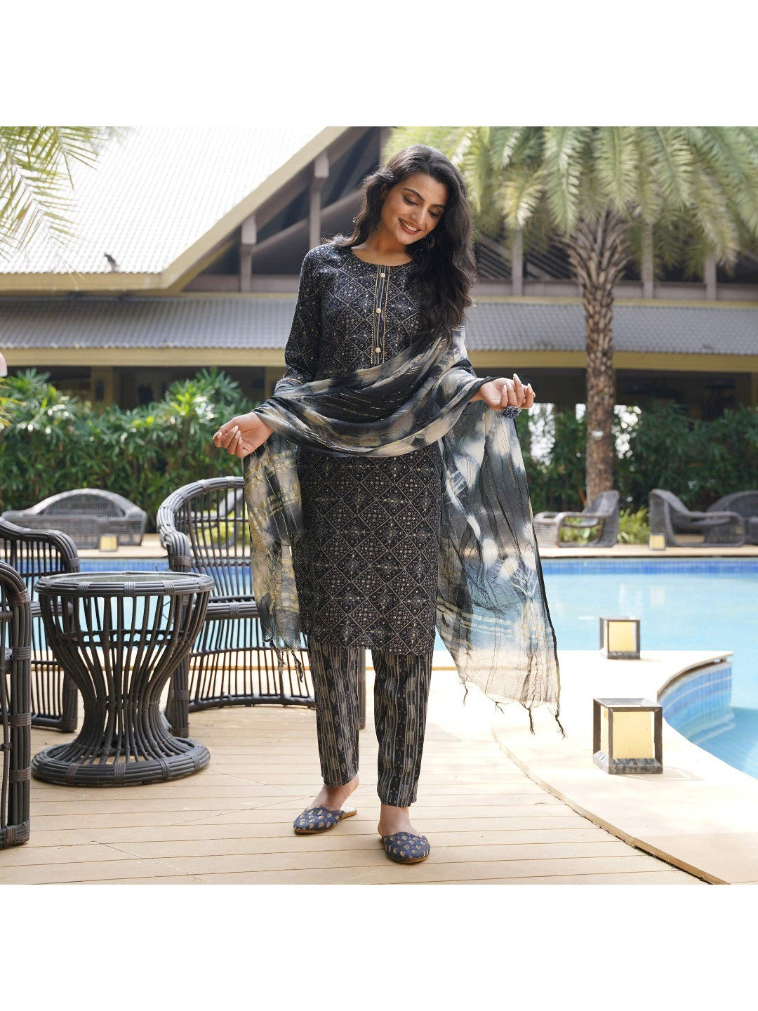 Black Foil Printed Rayon Suit - Image 5