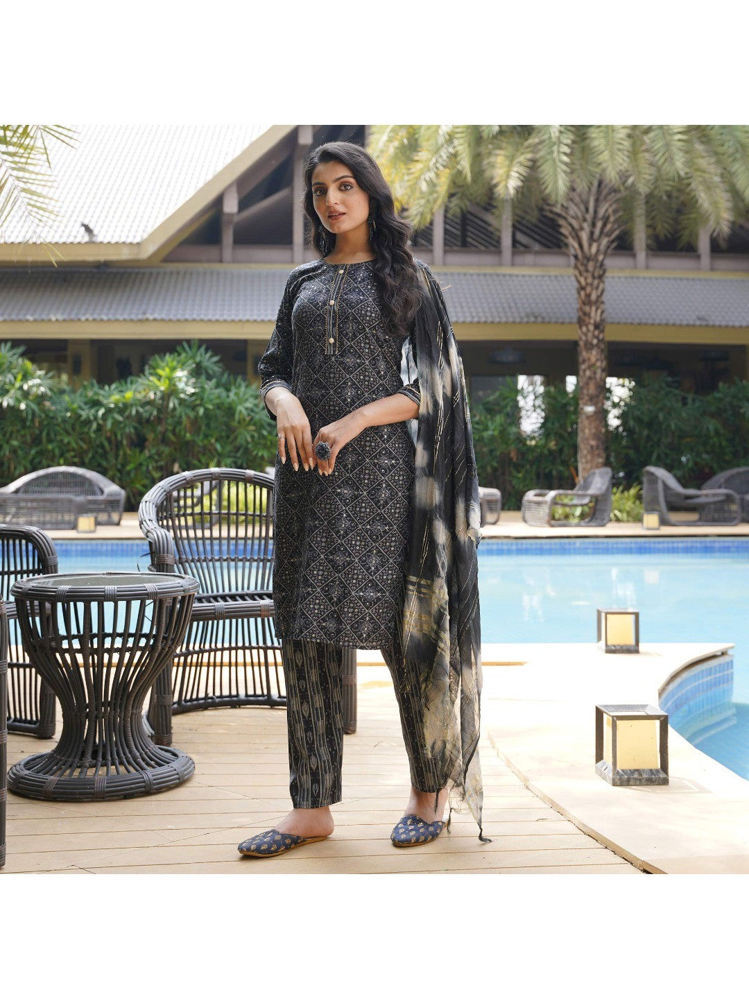 Black Foil Printed Rayon Suit - Image 4