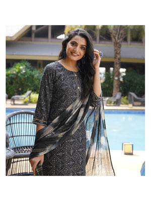 Black Foil Printed Rayon Suit - Image 1