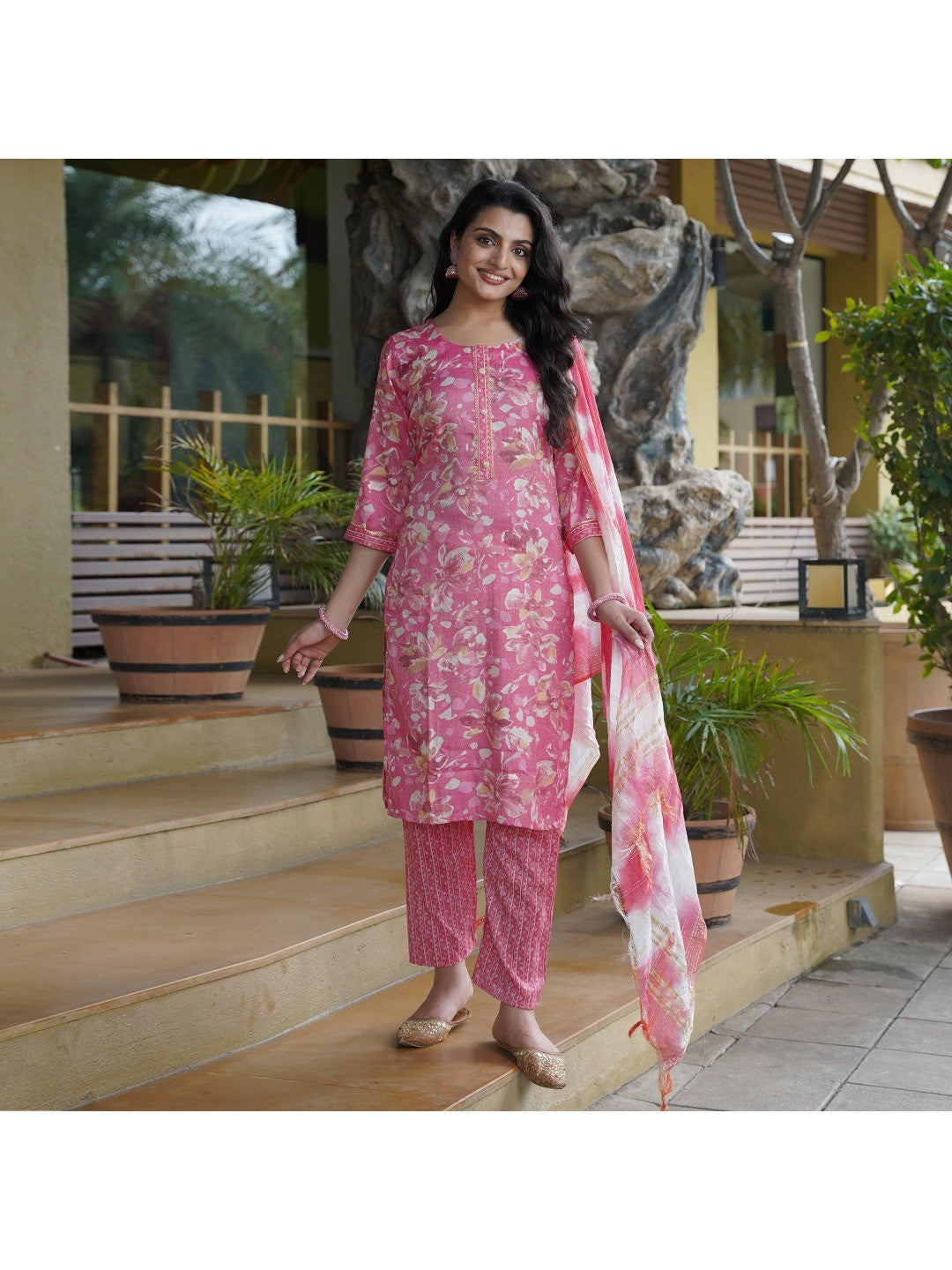 Pink Foil Printed Rayon Suit - Image 3