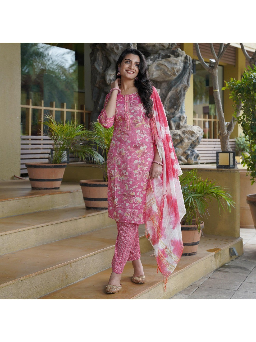 Pink Foil Printed Rayon Suit - Image 4