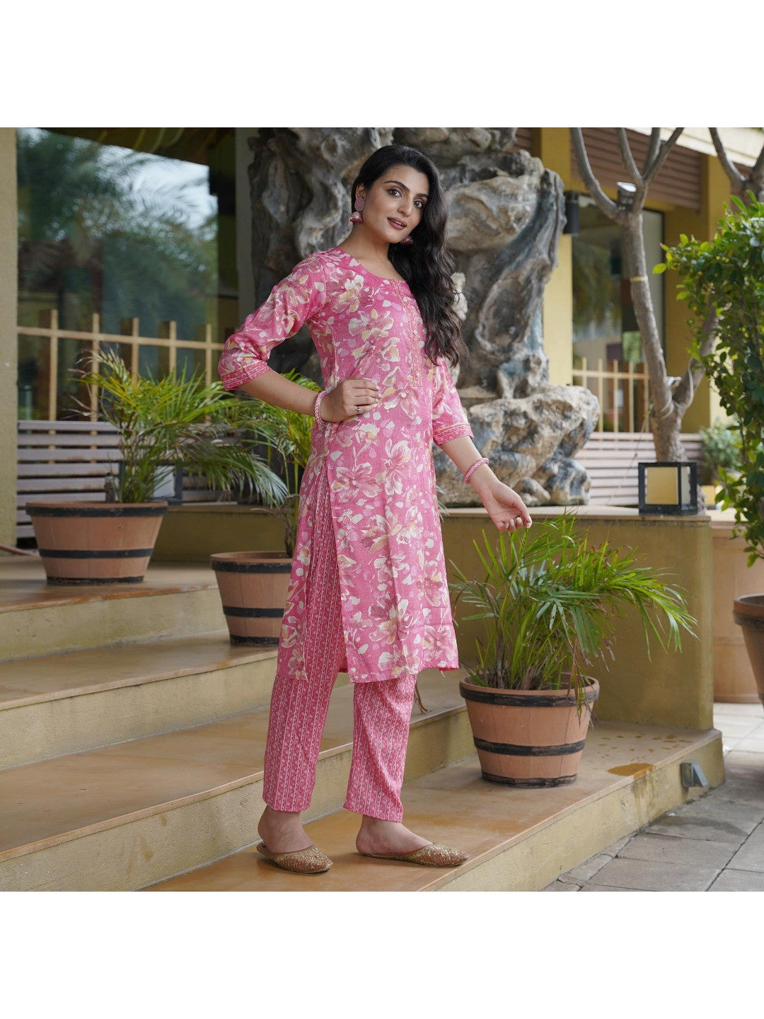 Pink Foil Printed Rayon Suit - Image 2