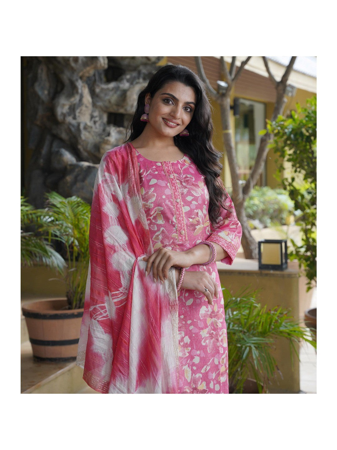 Pink Foil Printed Rayon Suit - Image 1