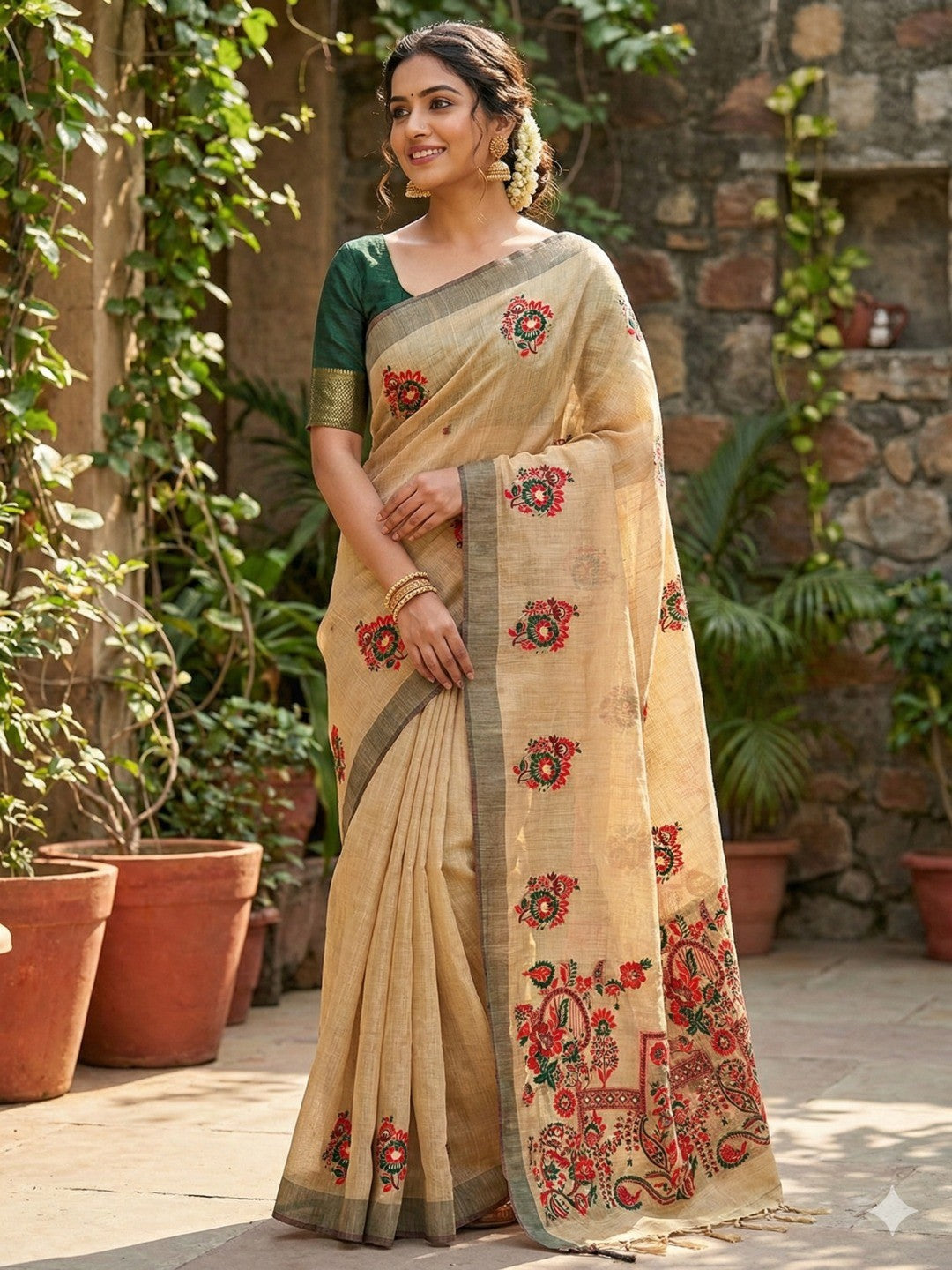 Beige Cotton Blend Saree with Jamnadi-Inspired Floral Woven Motifs - Image 1