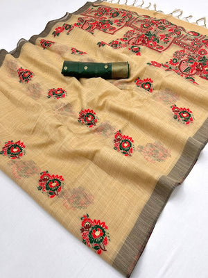 Beige Cotton Blend Saree with Jamnadi-Inspired Floral Woven Motifs - Image 2