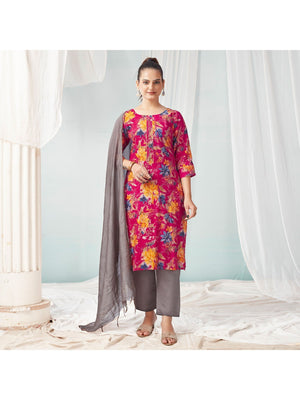 Pink Floral Foil Printed Modal Suit - Image 1