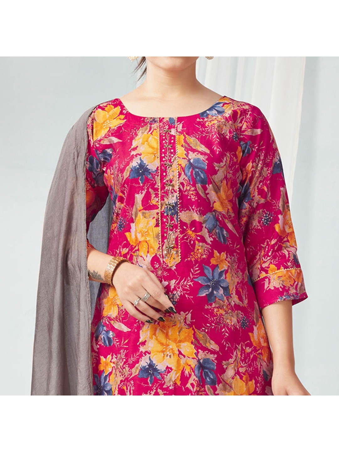 Pink Floral Foil Printed Modal Suit - Image 4