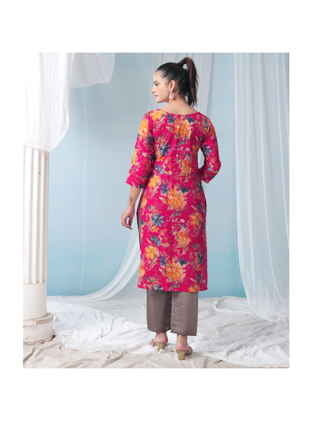 Pink Floral Foil Printed Modal Suit - Image 2