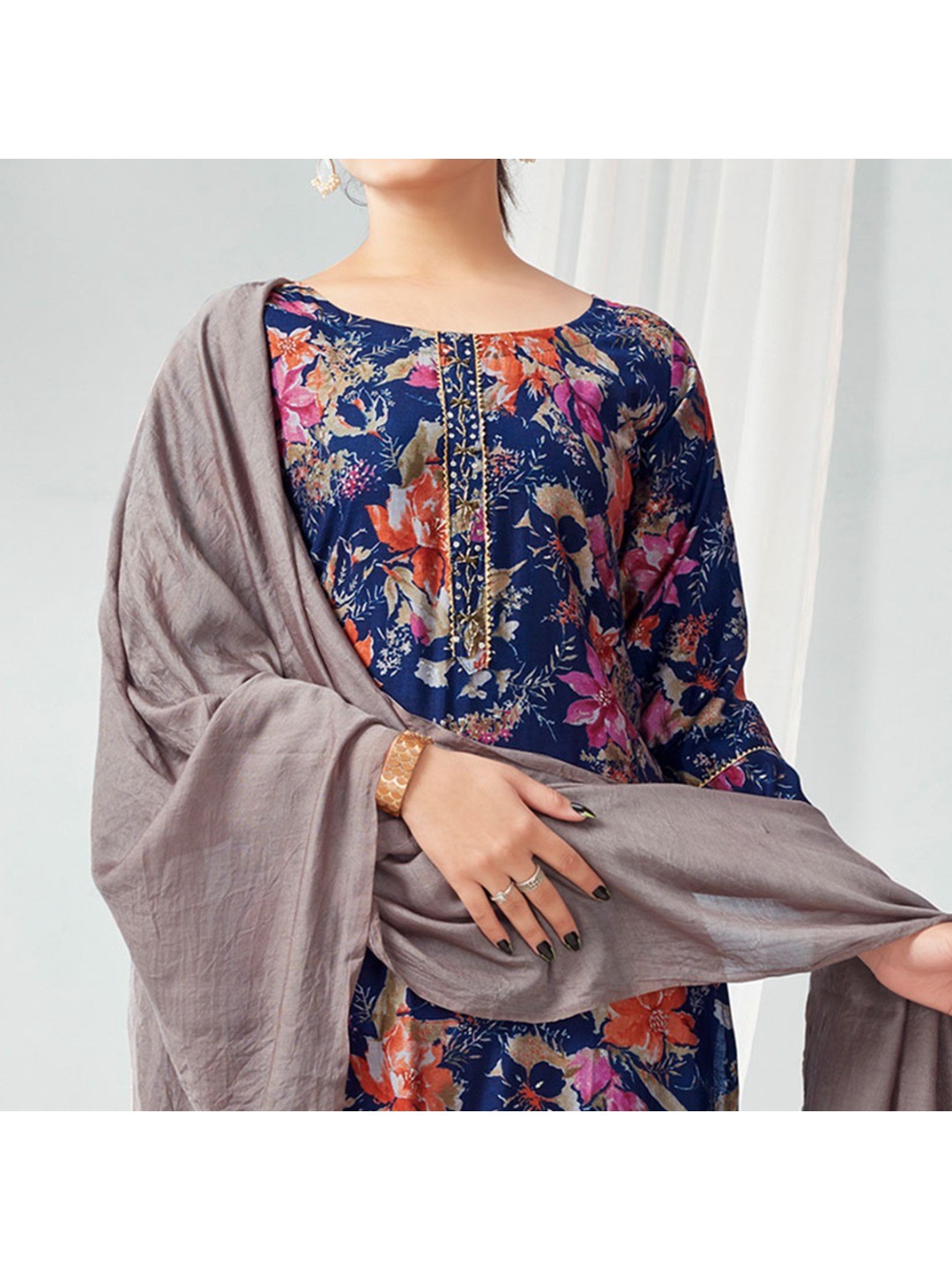 Navy Blue Floral Foil Printed Modal Suit - Image 4