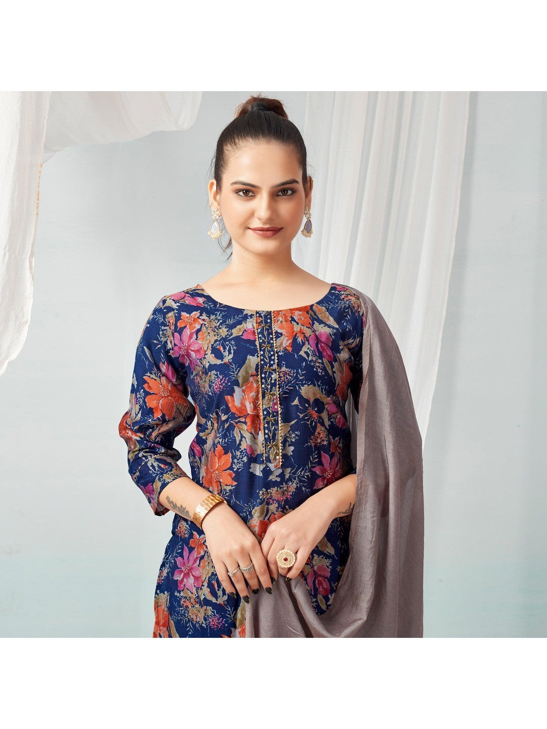 Navy Blue Floral Foil Printed Modal Suit - Image 1