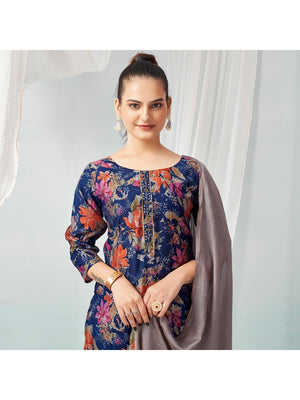 Navy Blue Floral Foil Printed Modal Suit - Image 1