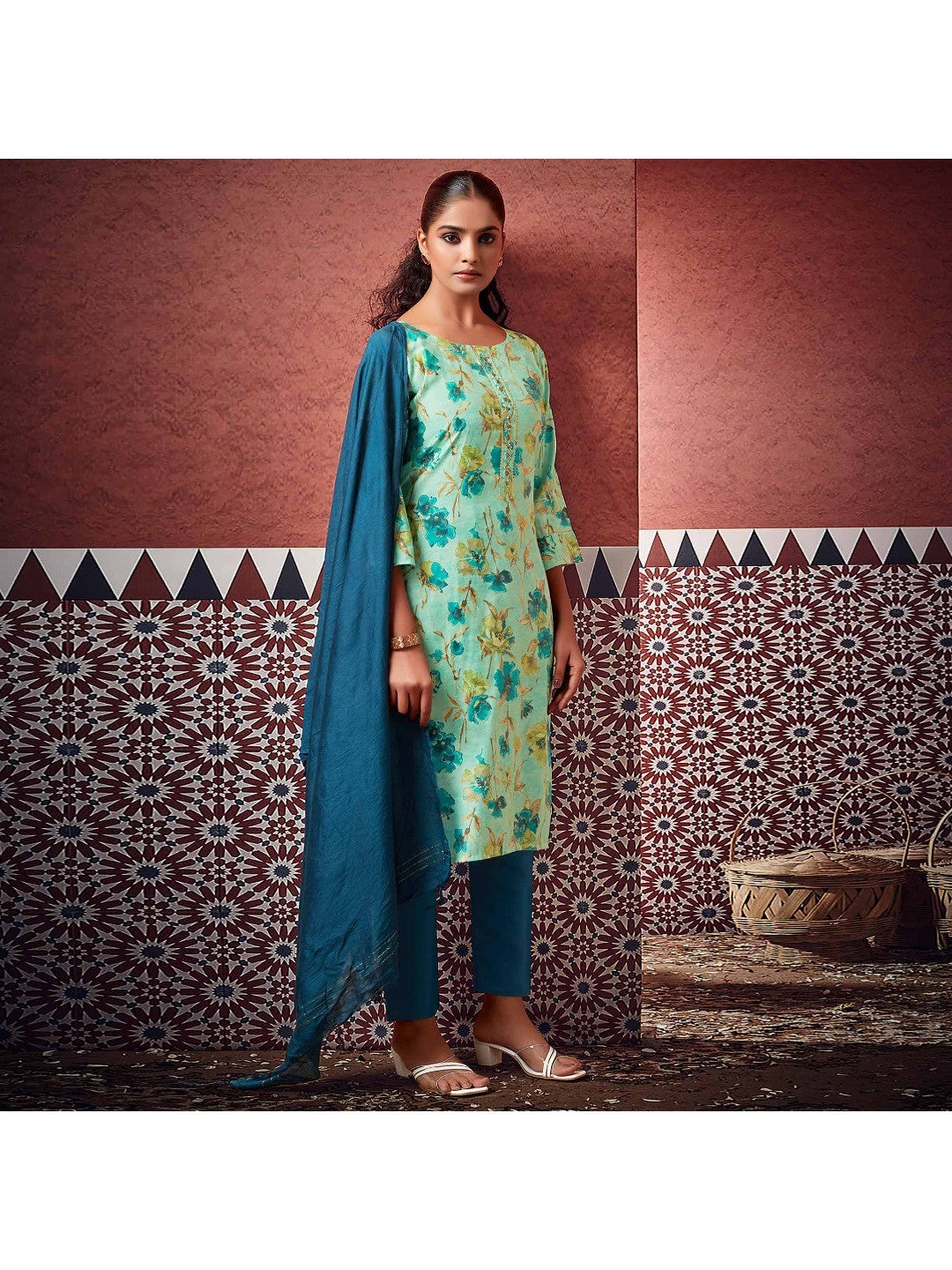 Turquoise Floral Foil Printed Modal Suit - Image 6