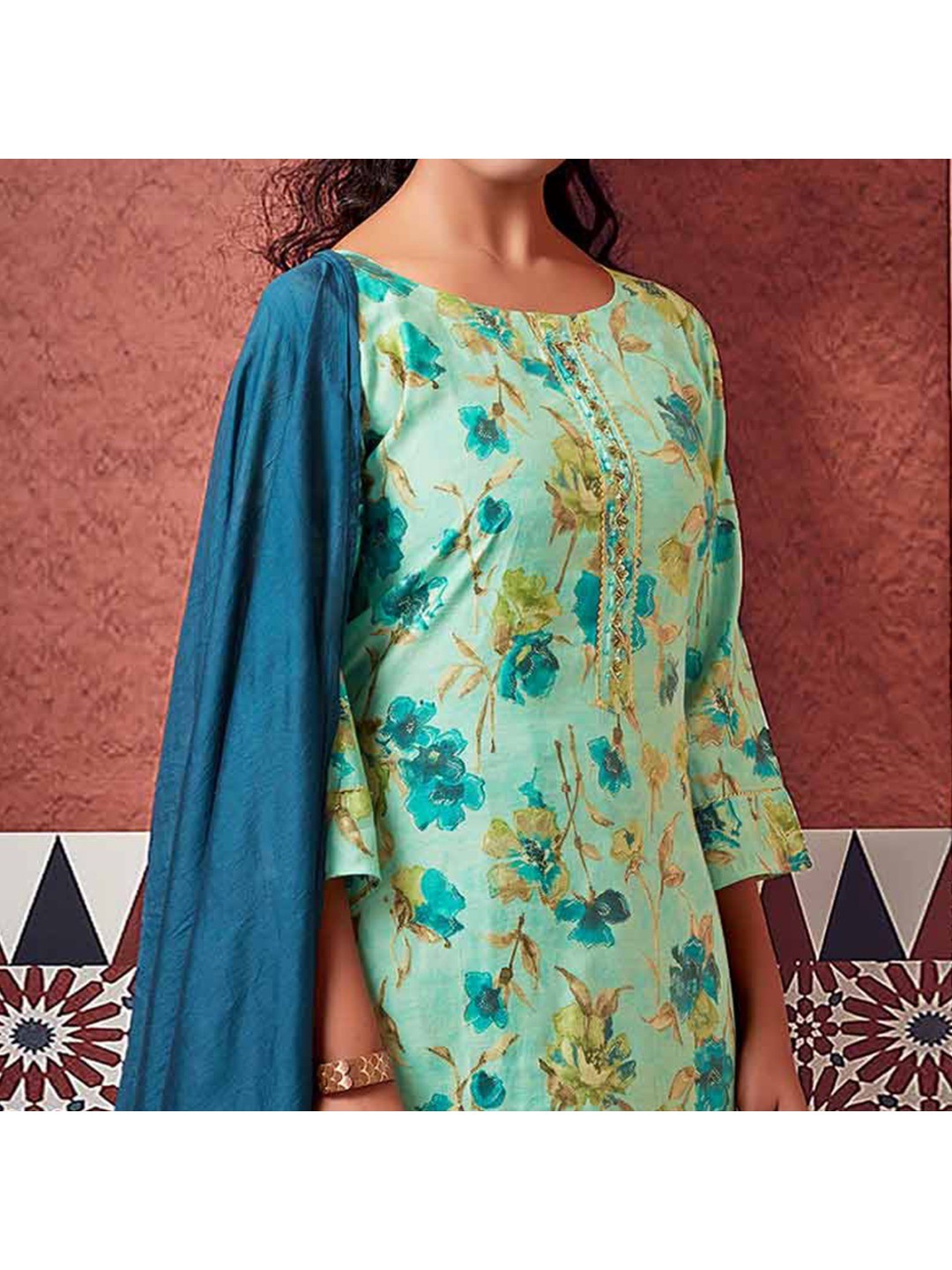 Turquoise Floral Foil Printed Modal Suit - Image 5