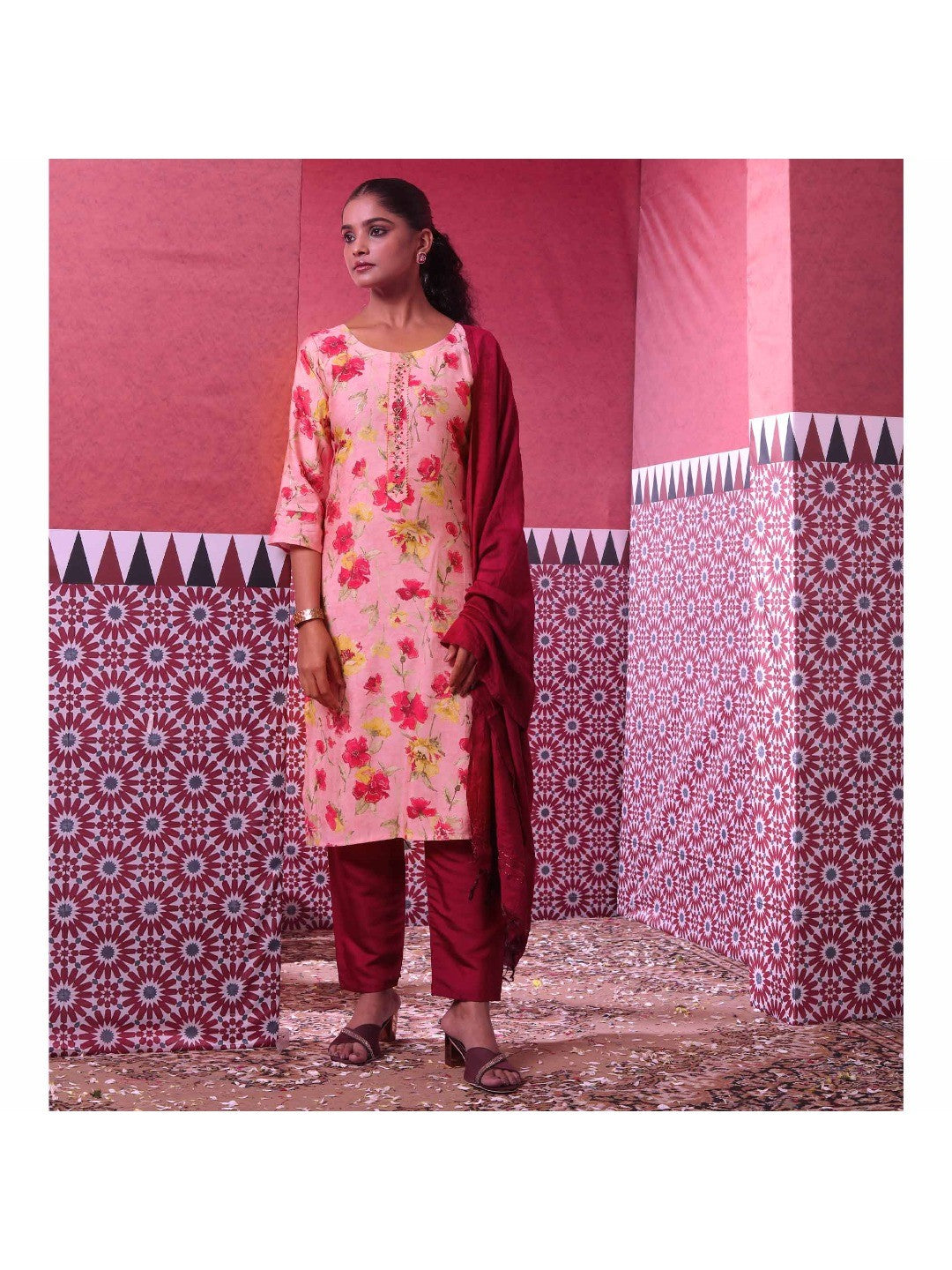 Pink Floral Foil Printed Modal Suit - Image 3
