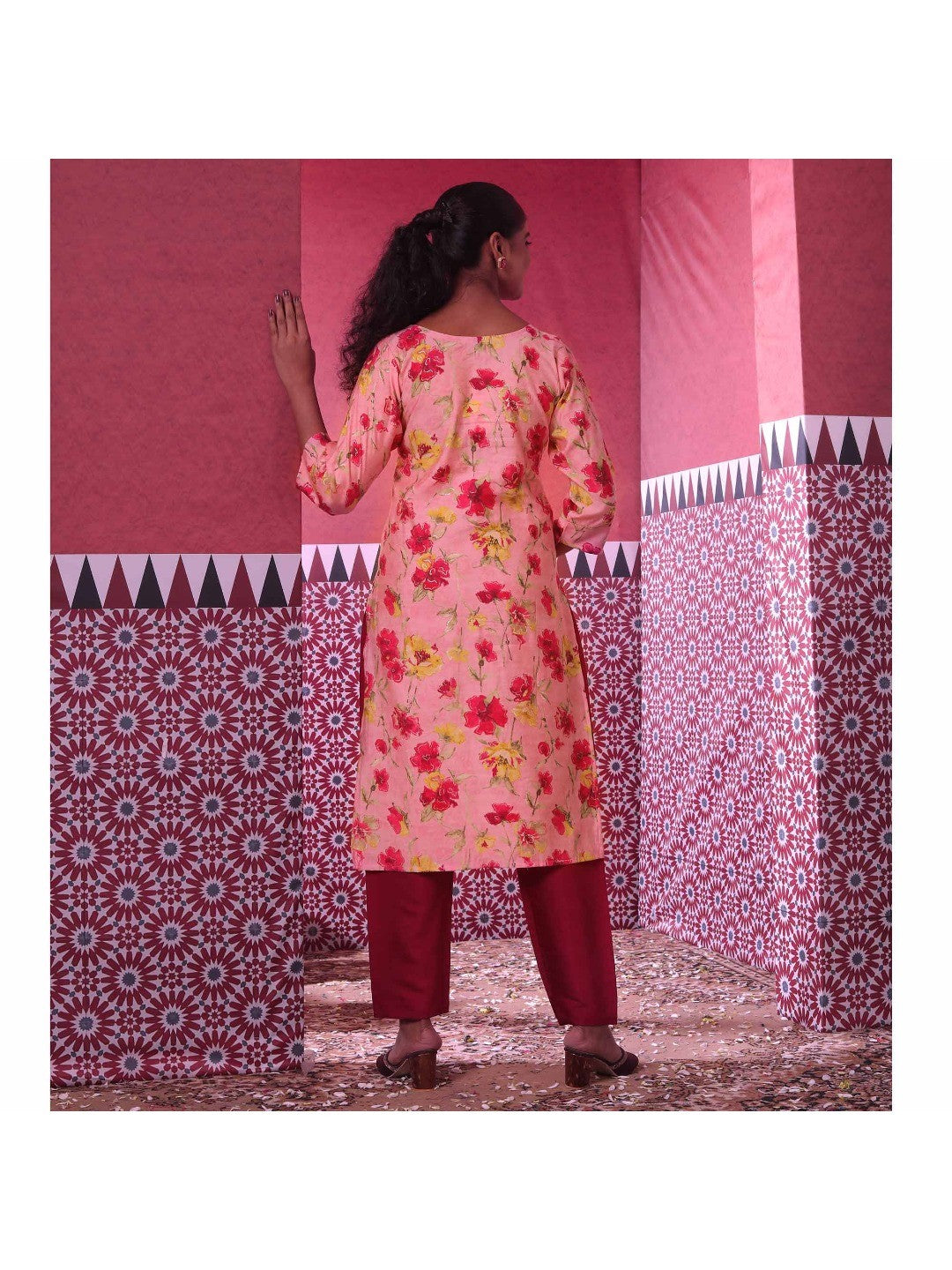 Pink Floral Foil Printed Modal Suit - Image 2