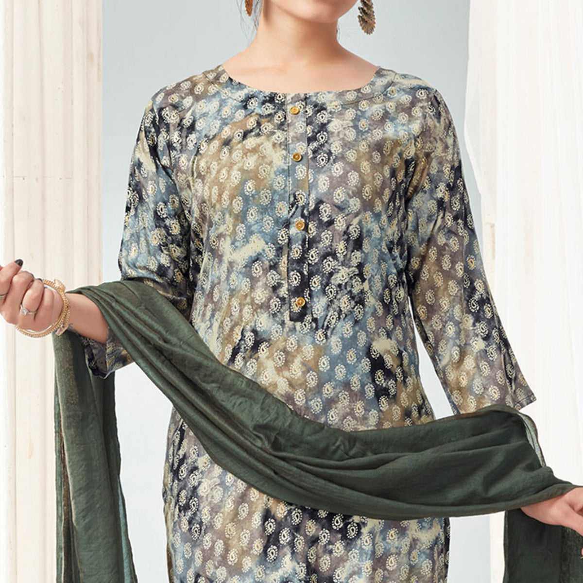 Grey Paisley Foil Printed Rayon Suit - Image 1