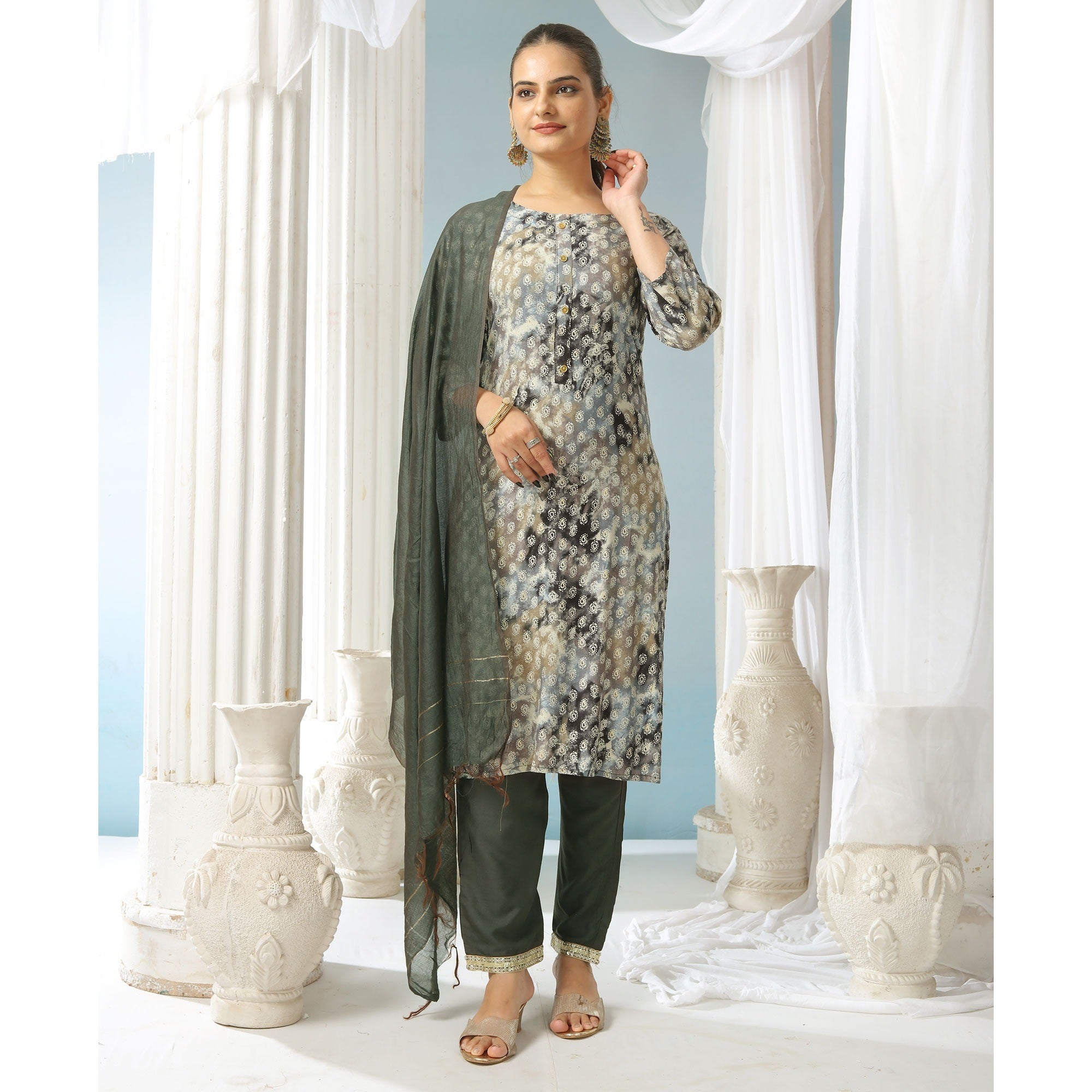Grey Paisley Foil Printed Rayon Suit - Image 2