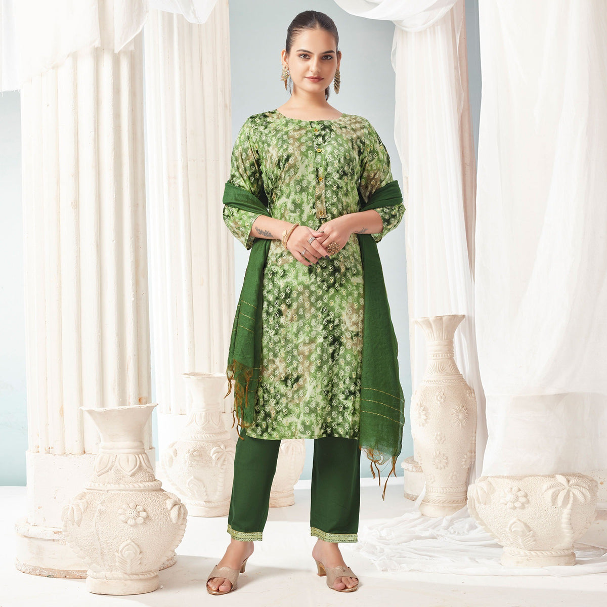 Green Paisley Foil Printed Rayon Suit - Image 1