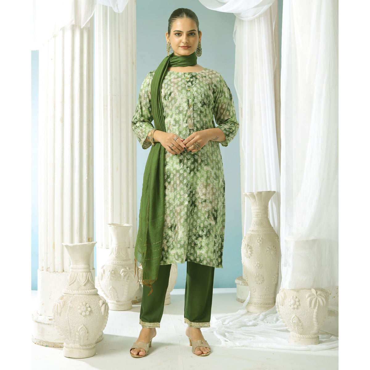 Green Paisley Foil Printed Rayon Suit - Image 4