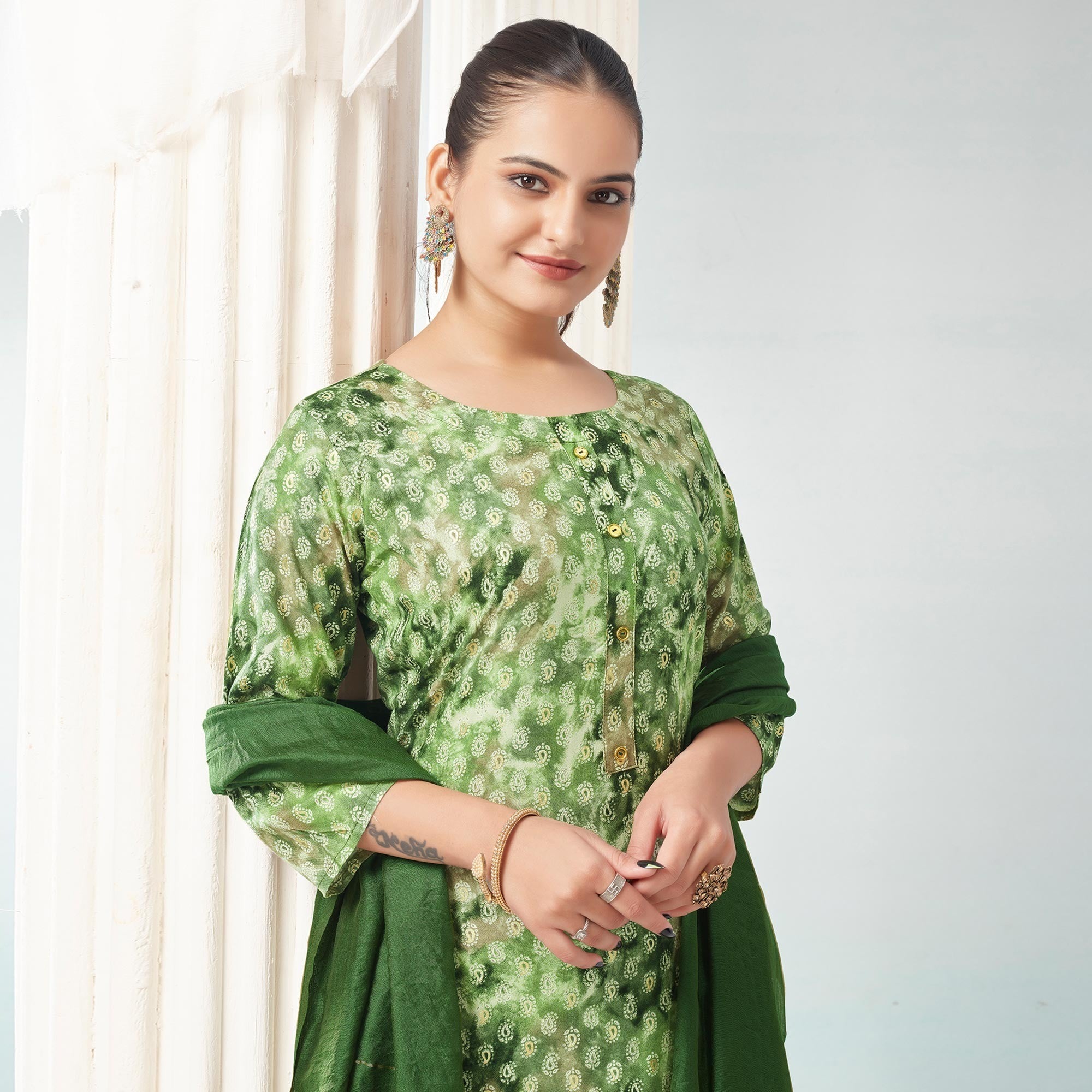 Green Paisley Foil Printed Rayon Suit - Image 1