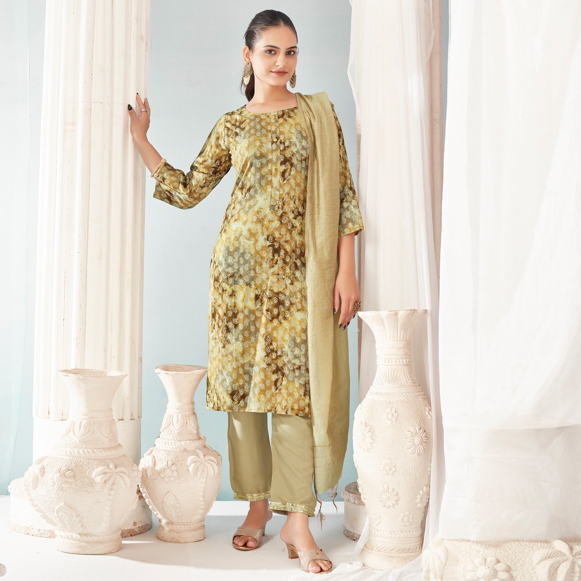 Cream Paisley Foil Printed Rayon Suit - Image 1