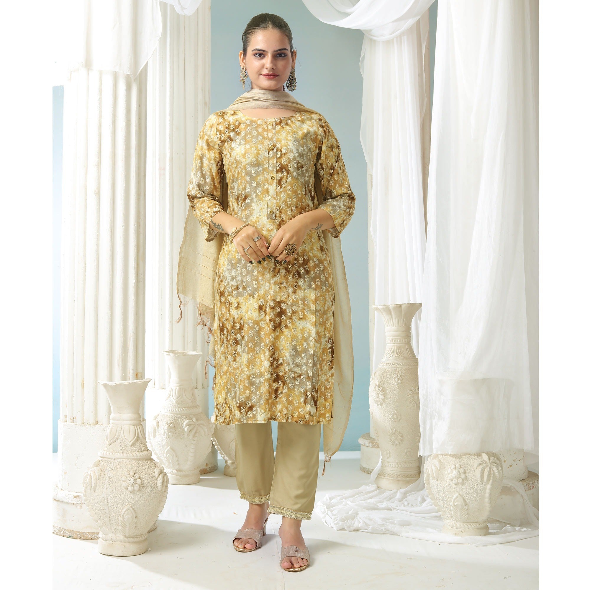 Cream Paisley Foil Printed Rayon Suit - Image 3