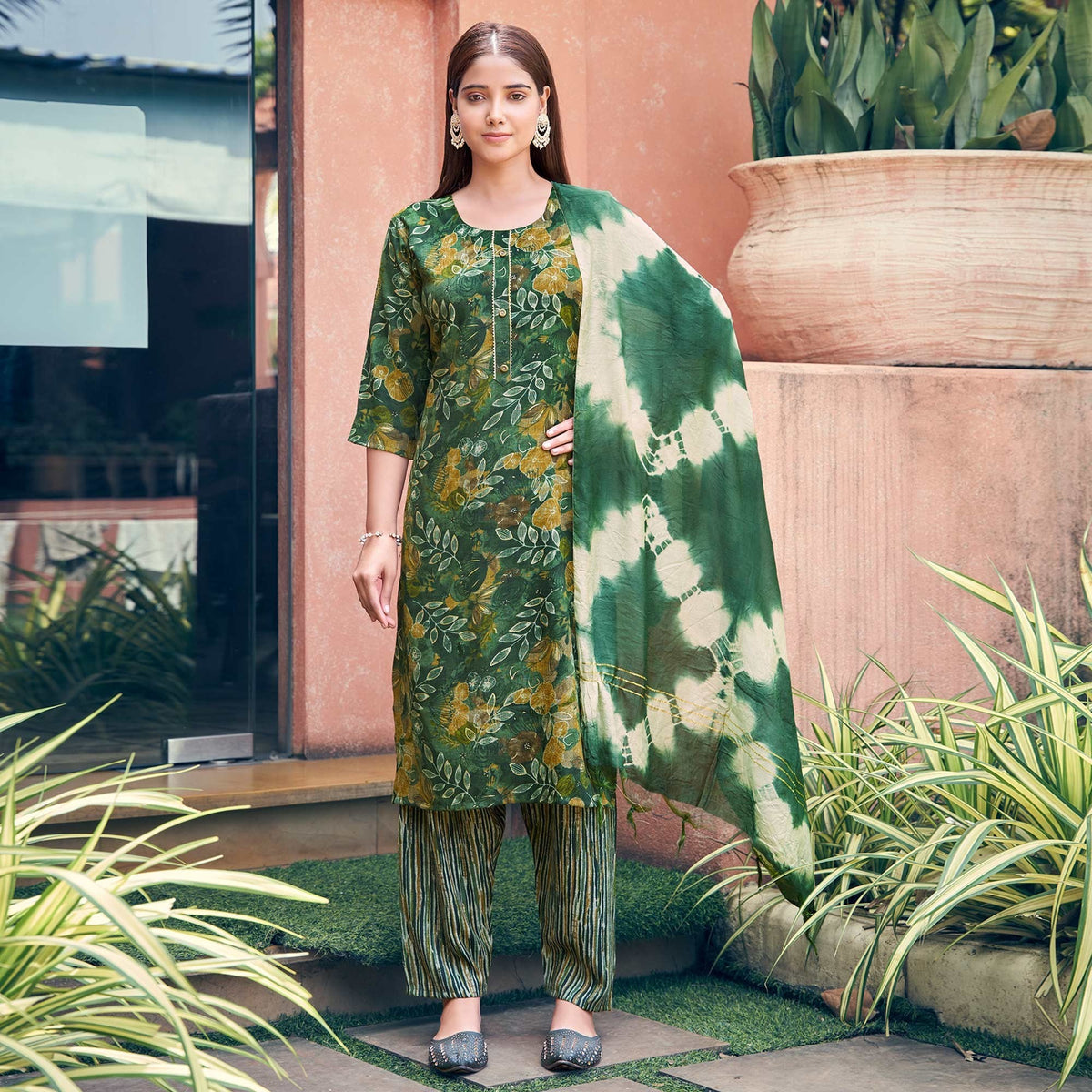 Green Floral Foil Printed Rayon Suit - Image 3