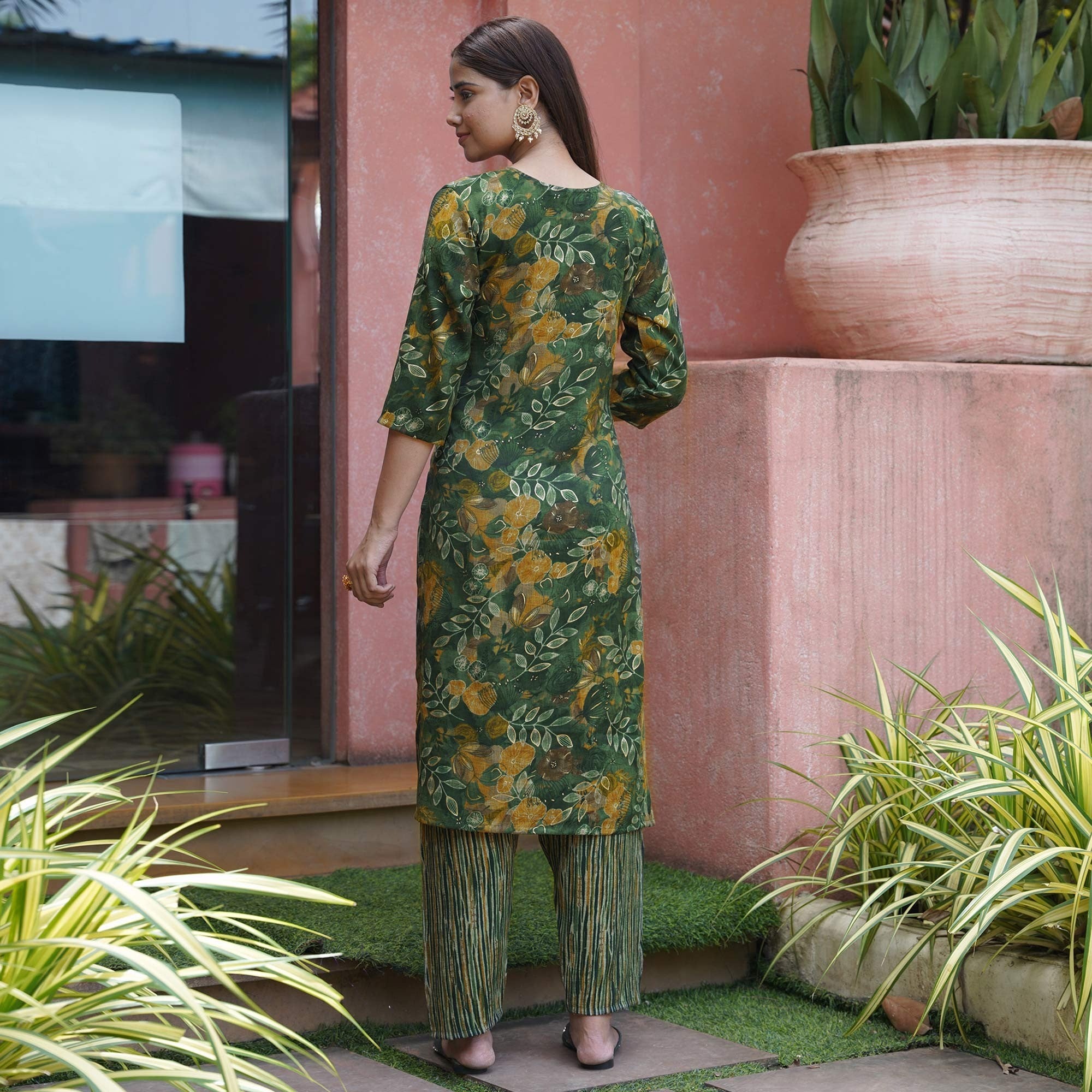 Green Floral Foil Printed Rayon Suit - Image 4