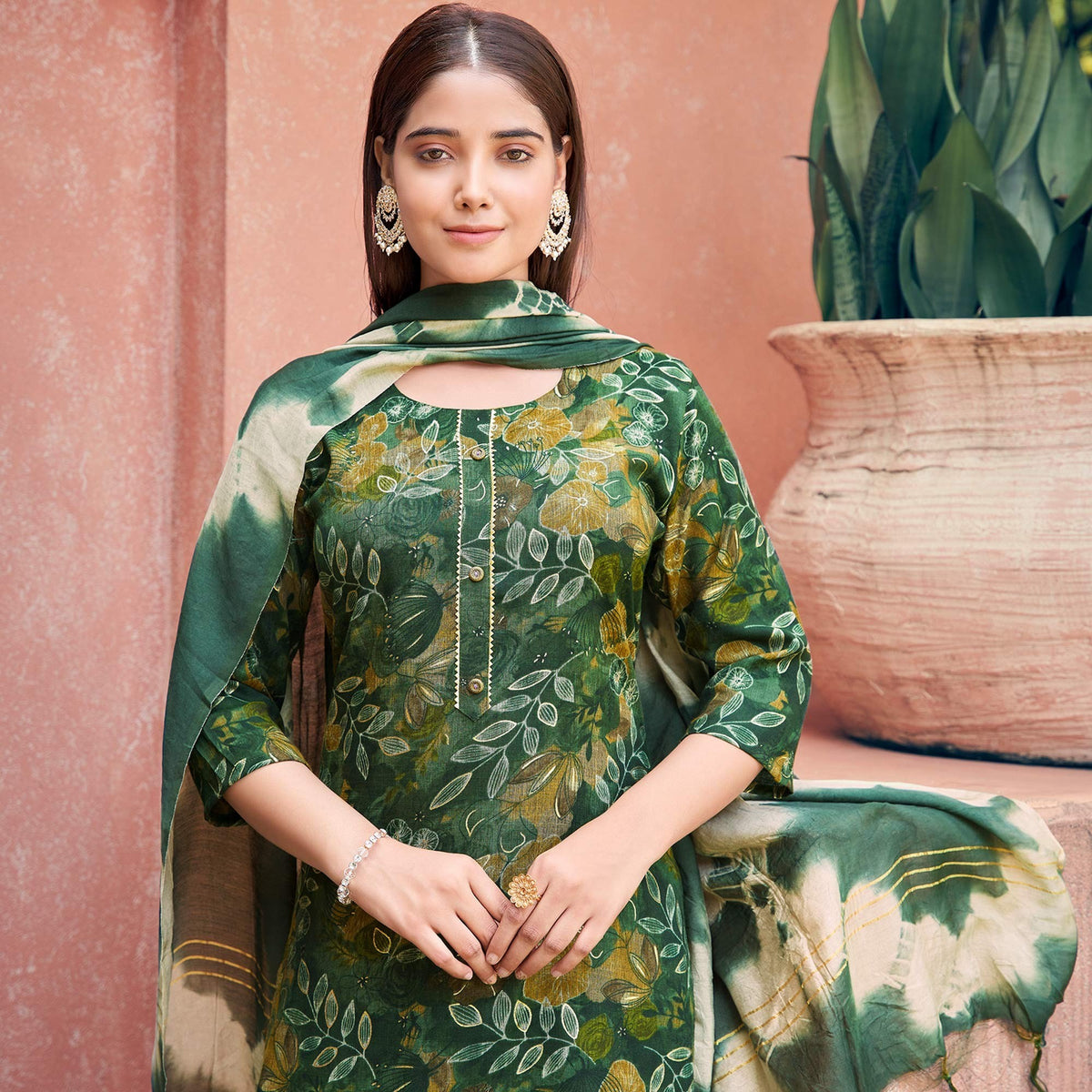 Green Floral Foil Printed Rayon Suit - Image 6