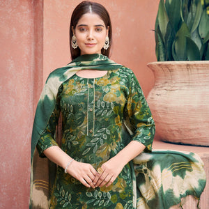 Green Floral Foil Printed Rayon Suit - Image 1