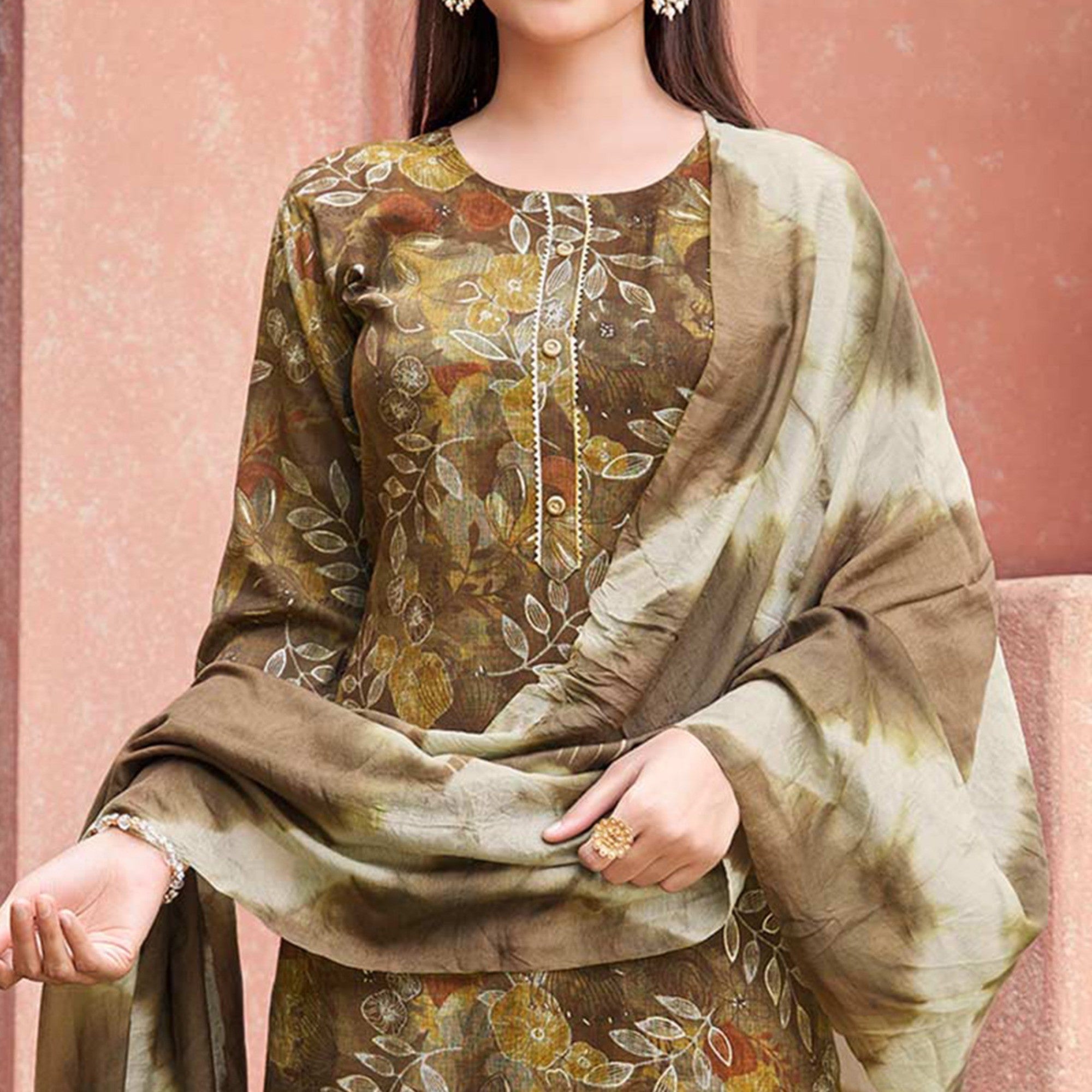 Brown Floral Foil Printed Rayon Suit - Image 5