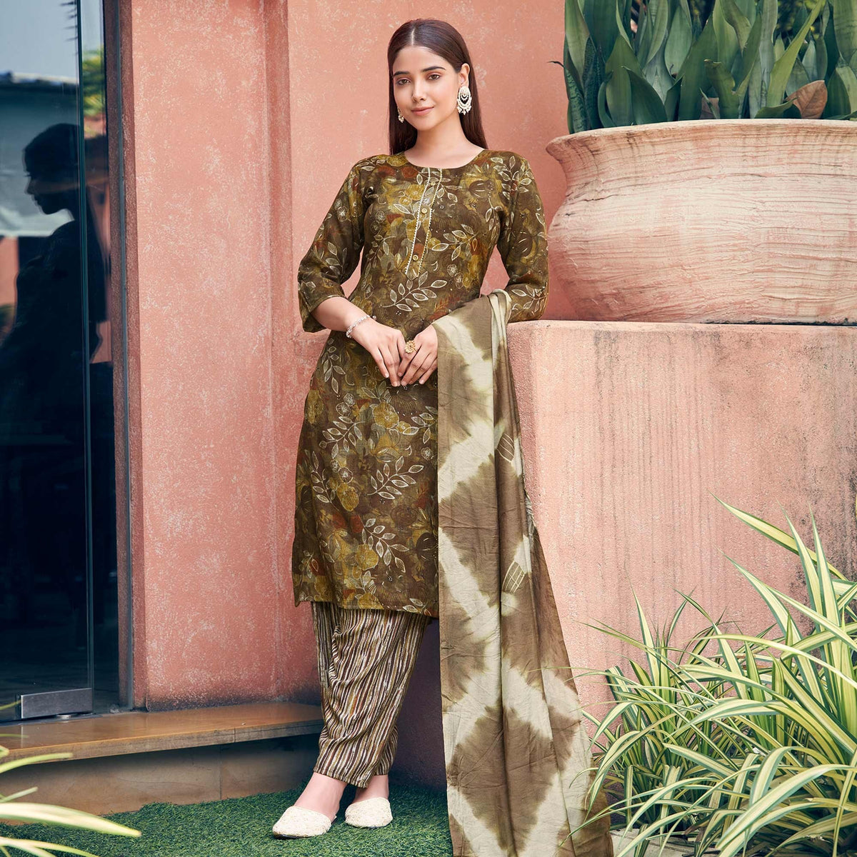 Brown Floral Foil Printed Rayon Suit - Image 2