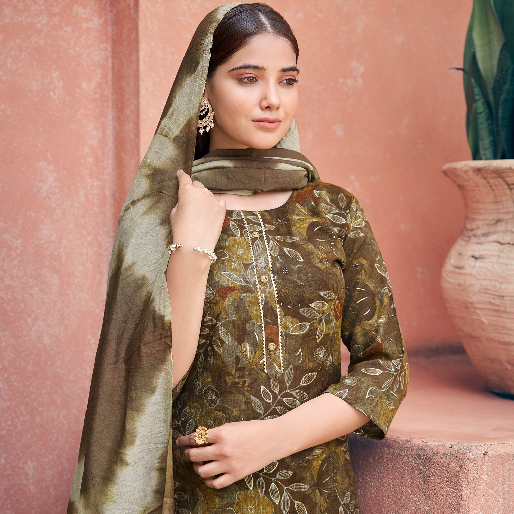 Brown Floral Foil Printed Rayon Suit - Image 1