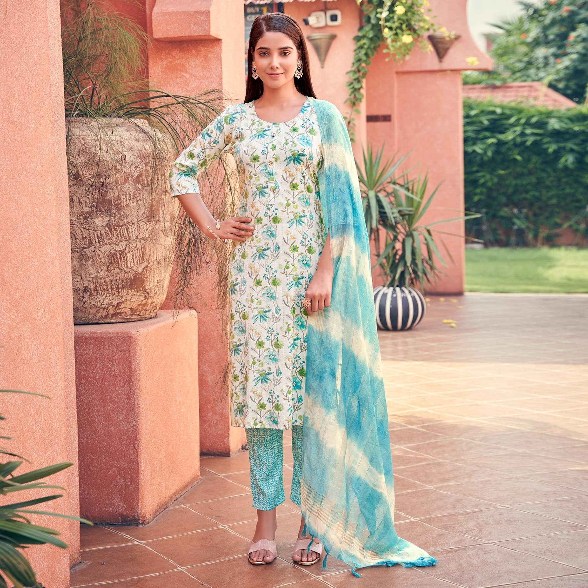 White & Turquoise Floral Foil Printed Rayon Suit - Image 5