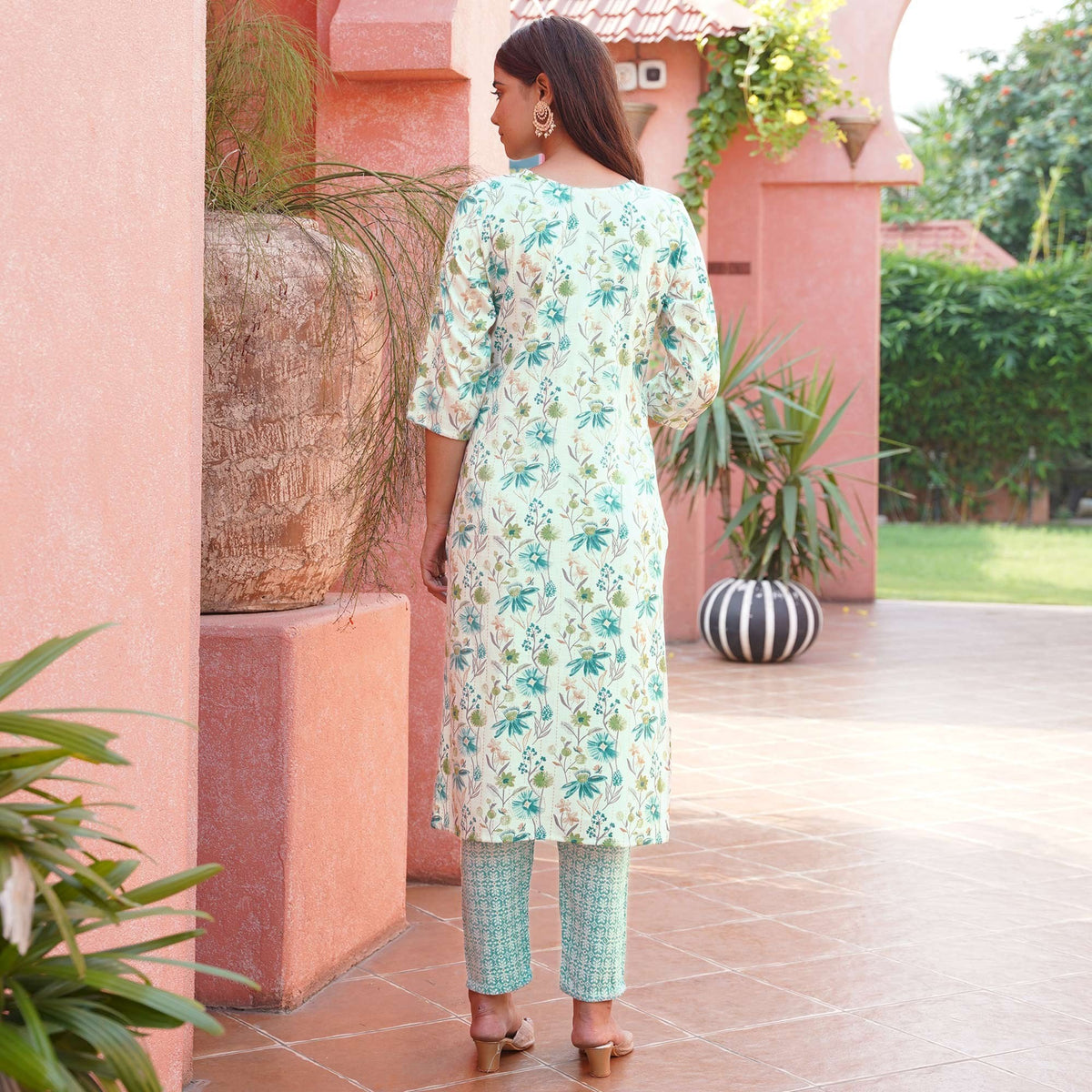 White & Turquoise Floral Foil Printed Rayon Suit - Image 5