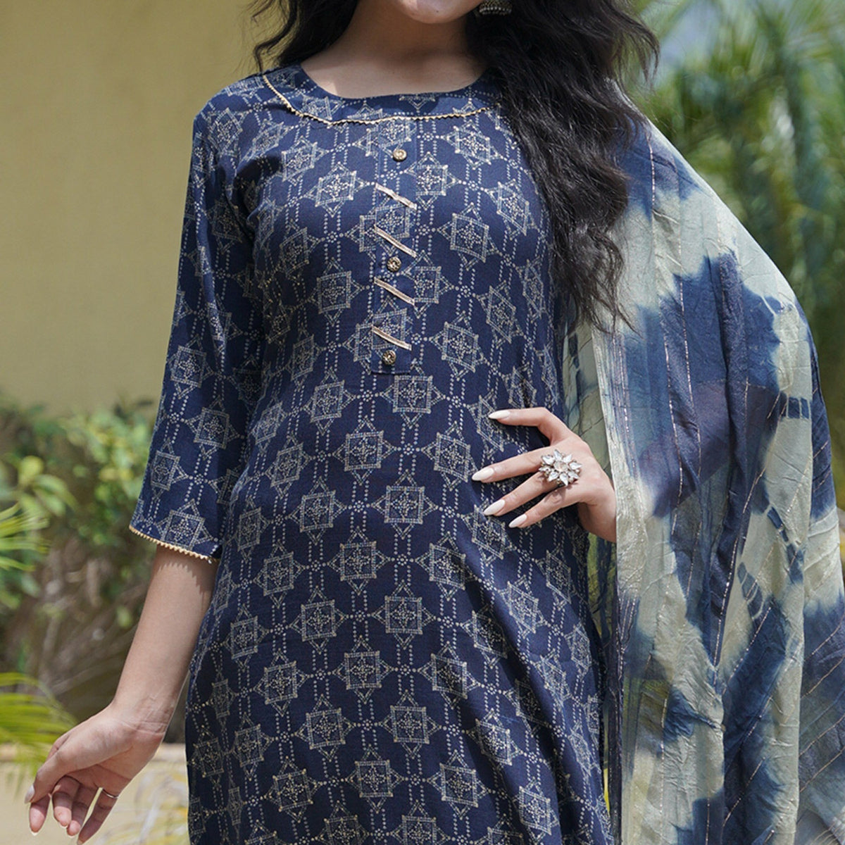 Blue Foil Printed Rayon Suit - Image 4