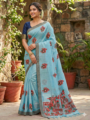 Sky Blue Cotton Blend Saree with Jamnadi-Inspired Floral Woven Motifs - Image 1