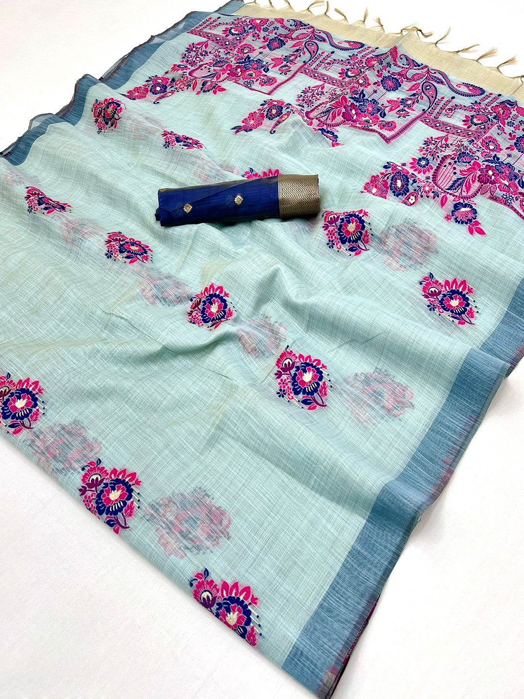 Sky Blue Cotton Blend Saree with Jamnadi-Inspired Floral Woven Motifs - Image 2
