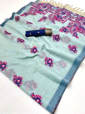 Sky Blue Cotton Blend Saree with Jamnadi-Inspired Floral Woven Motifs - Image 2
