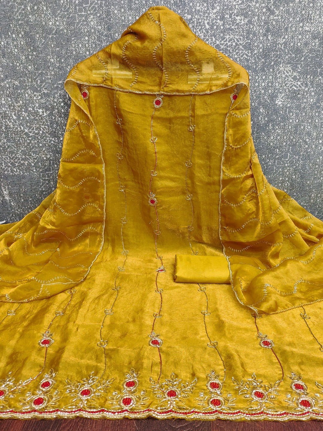 Graceful Dark Mustard Floral Beads Embroidery Work Fendy Silk Blend Dress Material - Image 5