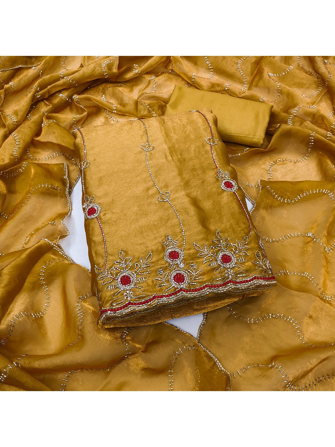 Graceful Dark Mustard Floral Beads Embroidery Work Fendy Silk Blend Dress Material - Image 1