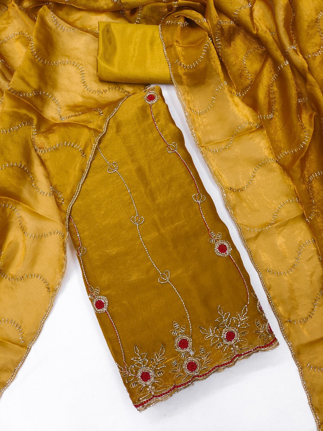 Graceful Dark Mustard Floral Beads Embroidery Work Fendy Silk Blend Dress Material - Image 2
