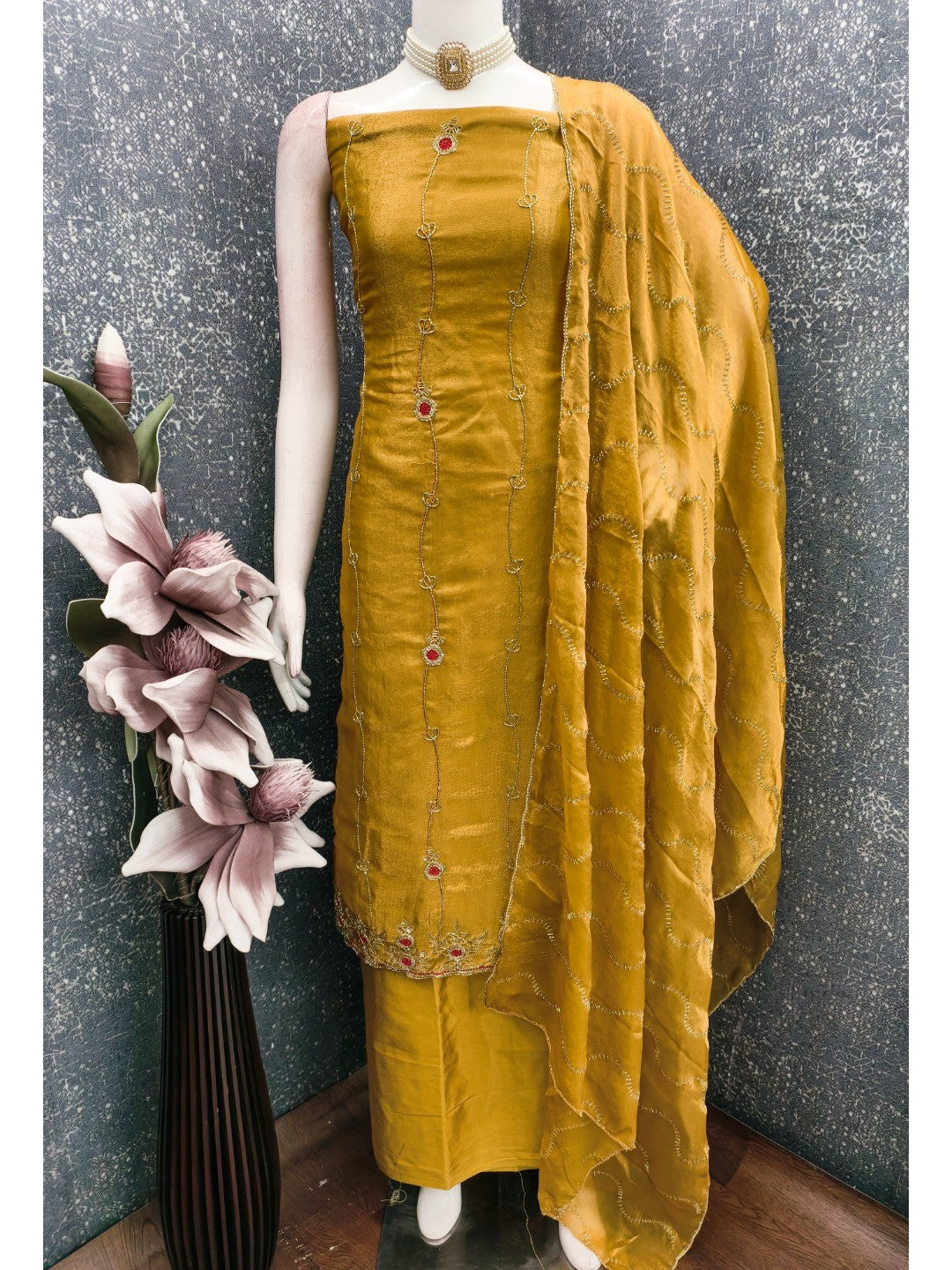 Graceful Dark Mustard Floral Beads Embroidery Work Fendy Silk Blend Dress Material - Image 4