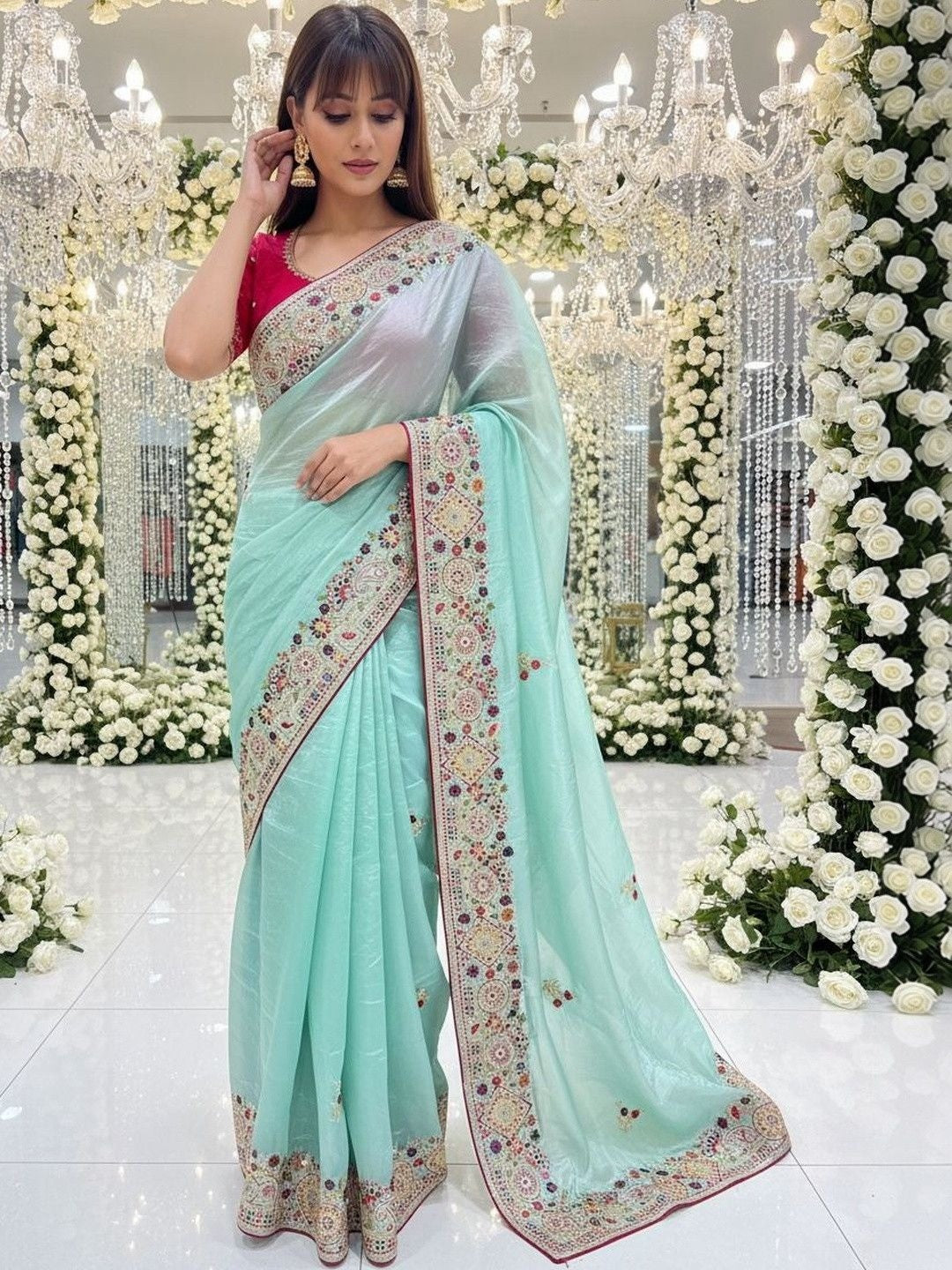 Aqua Blue Saree in Cotton Silk Fabric with Exquisite Floral Sequins Detailing - Image 2
