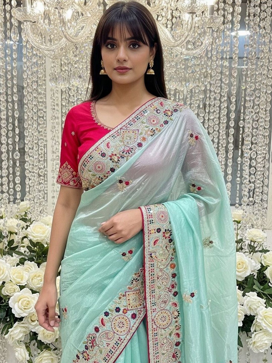 Aqua Blue Saree in Cotton Silk Fabric with Exquisite Floral Sequins Detailing - Image 1