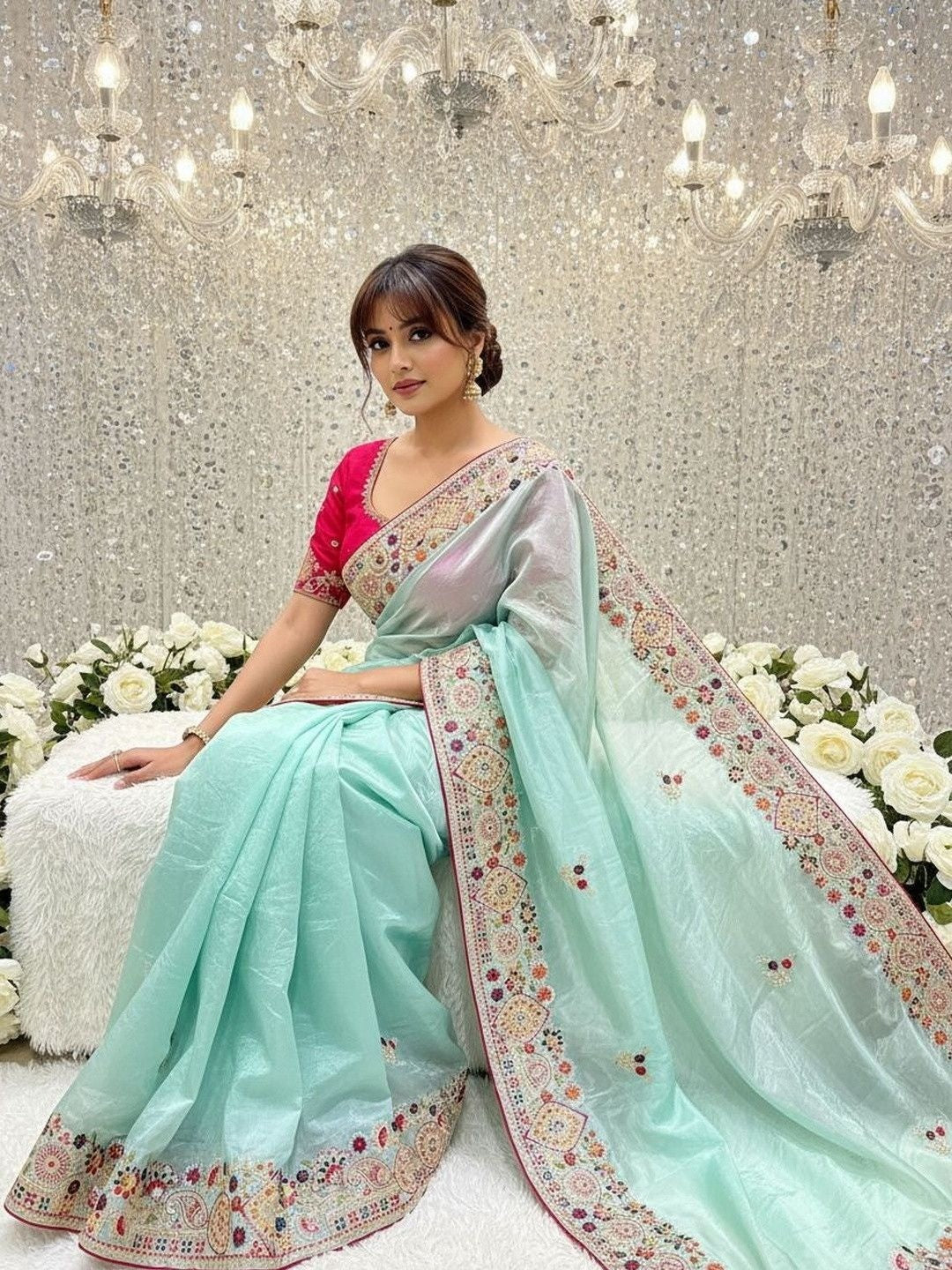 Aqua Blue Saree in Cotton Silk Fabric with Exquisite Floral Sequins Detailing - Image 3