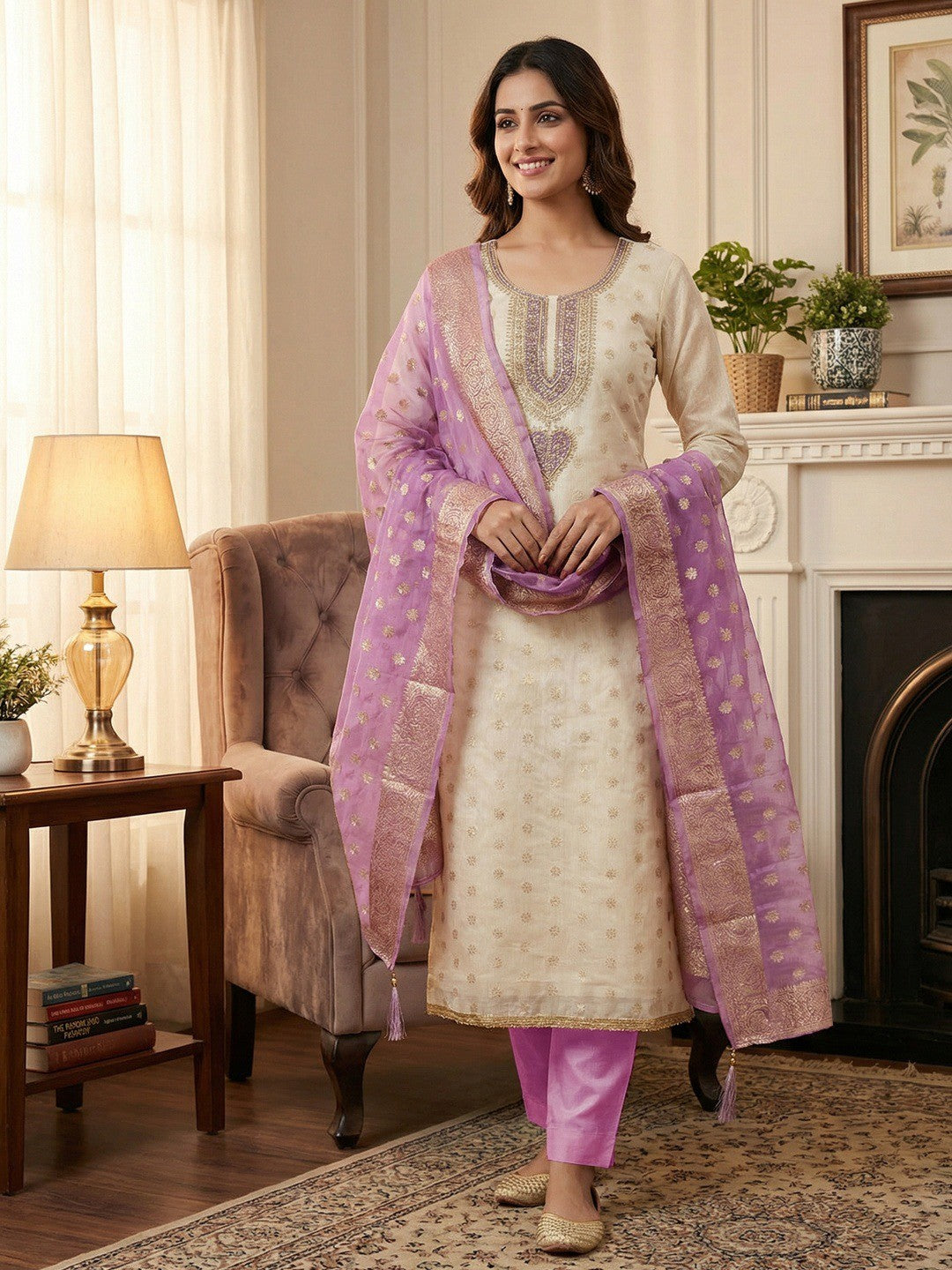 Cream & Lavender Butti Weaving Shimmer Dress Material With Elegant Cording Embroidery Work On Neck - Image 1